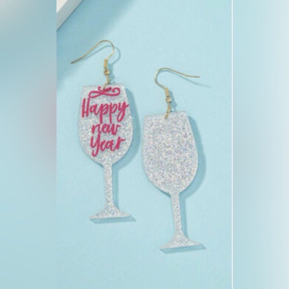 Glittery Silver 'Happy New Year' Wine Glass Earrings
